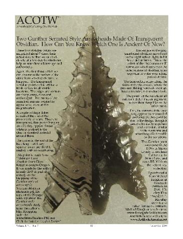 ACOTW--Vol1-Num7--November 2009--Arrowhead Collecting On The Web -- side by side comparison of obsidian arrowheads -- modern made by F. Scott Crawford and ancient Shasta Gunther from northern California, ex Robert Roy