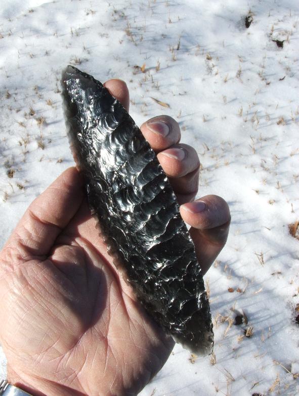 Rainbow obsidian Cascade style spear point or knife blade -- made 2009 A.D. -- late Paleo-Indian or early Archaic style point from www.Stonebreaker-FSC.com