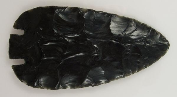 Archaic period style base notched knife -- Black/Silver Sheen Obsidian -- 2007 A.D.