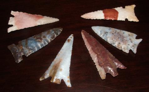 Set of 6 Colorful Arrowheads -- 2009 AD -- Agates, Jaspers, and Flint
