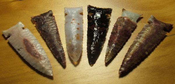 Set of 6 Colorful Large Arrowheads -- 2009 AD -- Jaspers, Agates and Obsidian
