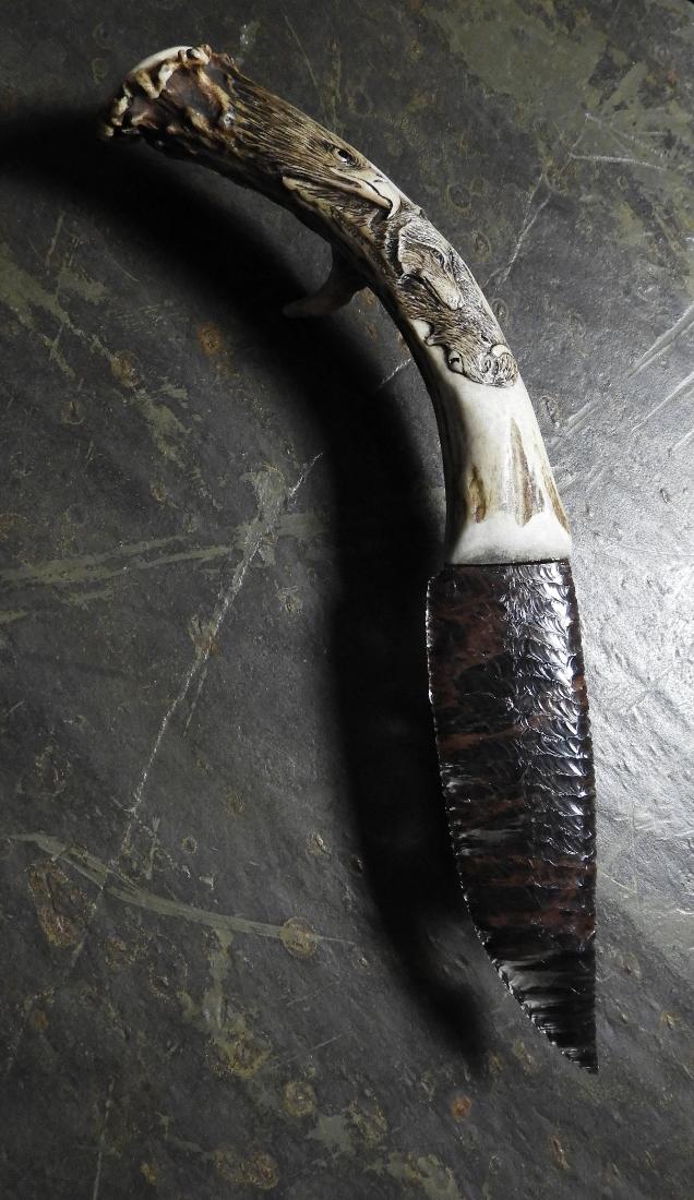 Hand Carved Totems in Antler Knife Handle with Triple Flow Obsidian Blade